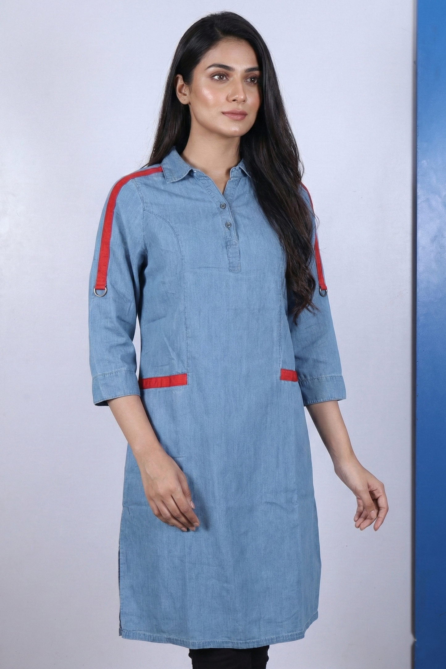 Women's Denim Kurta Tunic with Sporty Red Accents – 3/4 Sleeve