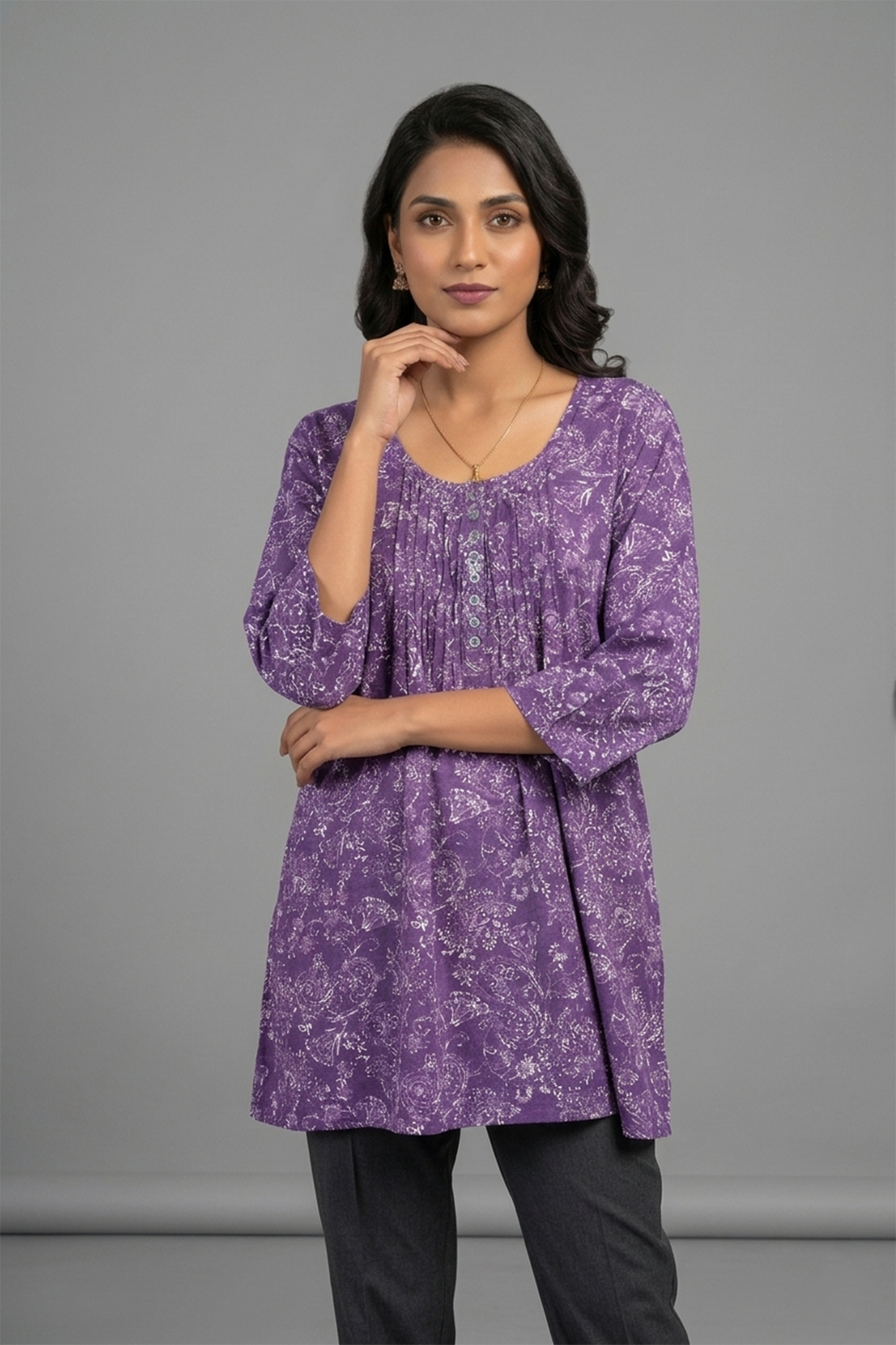 Floral Pleated Tunic in Deep Plum