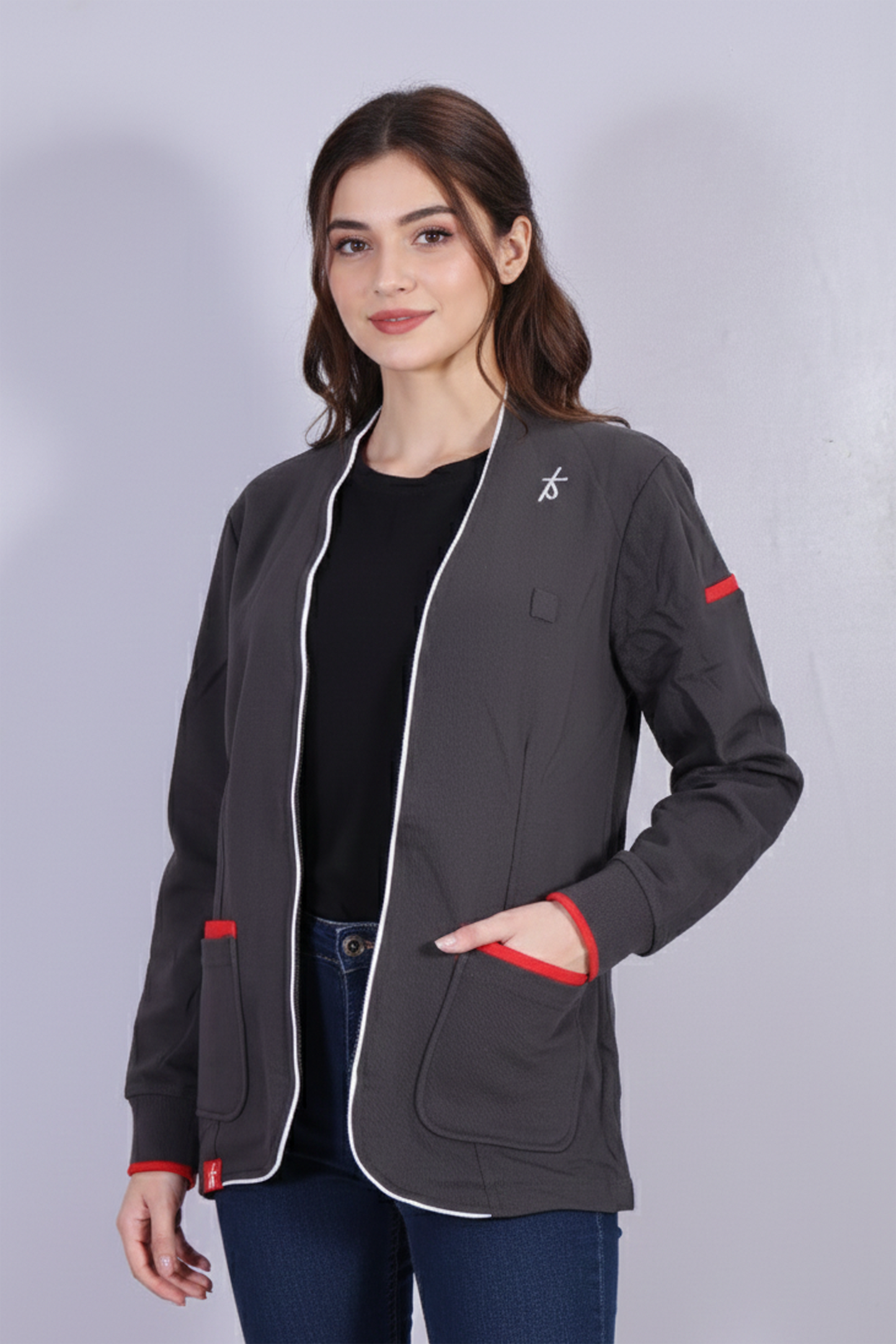 Urban Grey Zip-Up Jacket with Red Contrast Accents