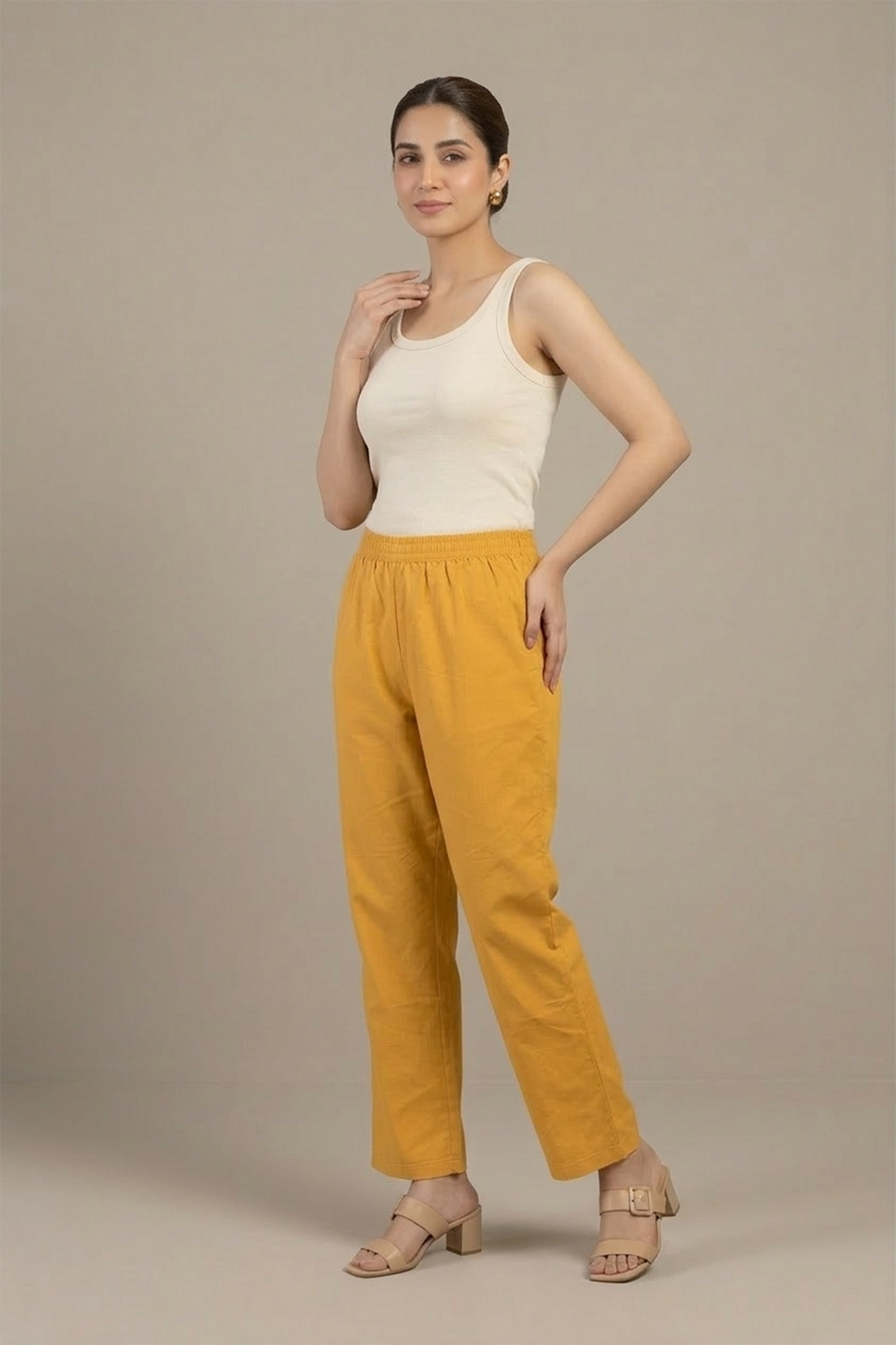 Mustard Yellow Cotton Straight-Leg Trousers