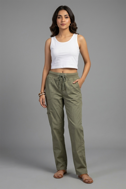 Women’s Utility Drawstring Cargo Trousers – Olive Green