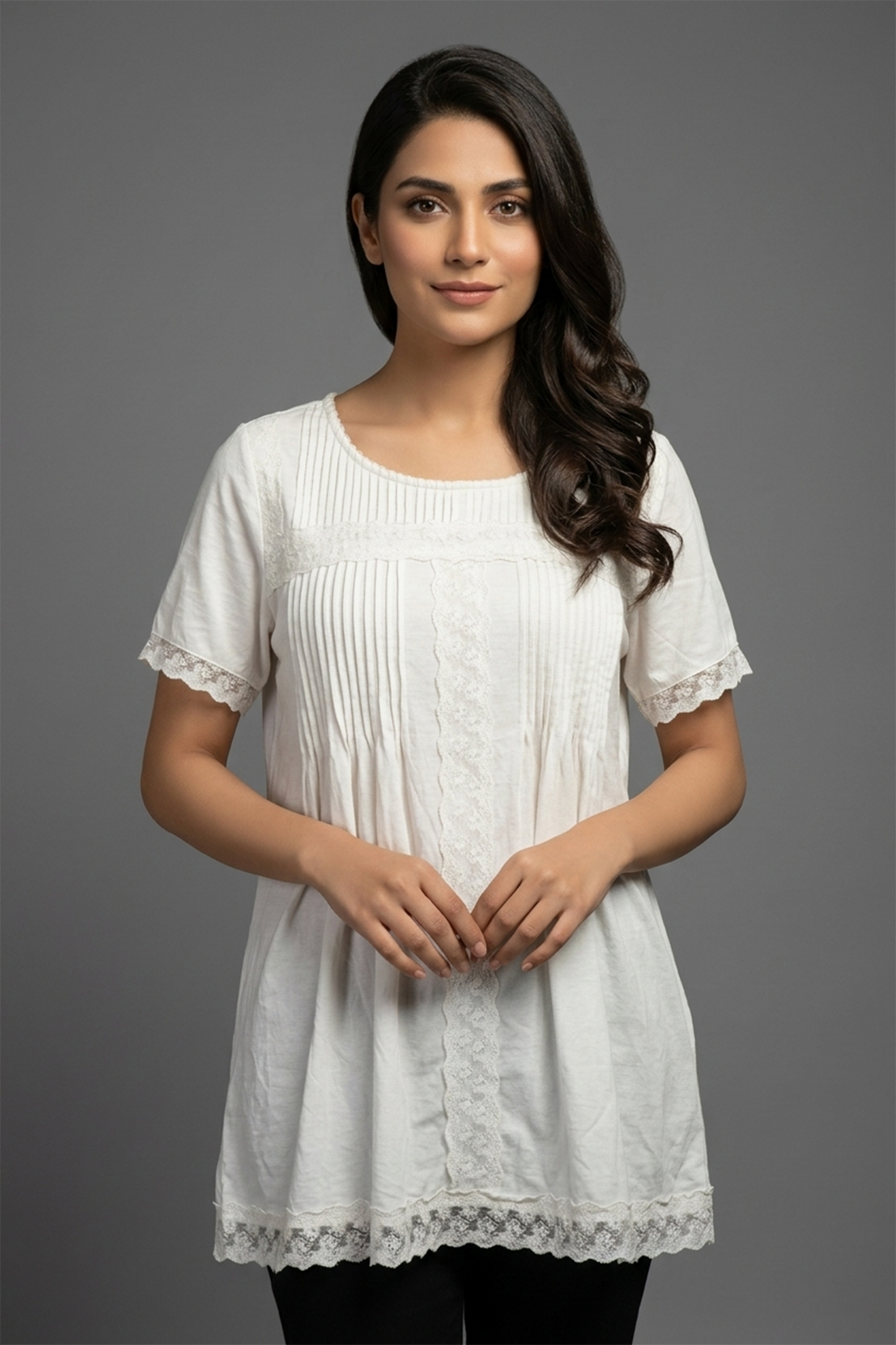 Vintage-Inspired Lace & Pintuck Jersey Tunic – Soft