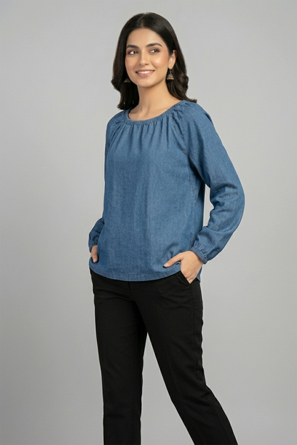 Elasticated Neck Denim Top
