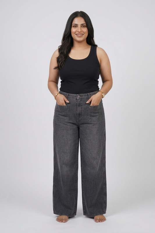 High-Rise Utility Wide-Leg Denim Jeans – Washed Charcoal