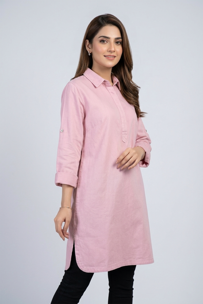 Women's Solid Pink Collared Tunic Top with Roll-Up Sleeves Denim
