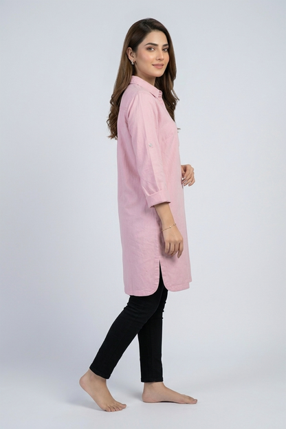 Women's Solid Pink Collared Tunic Top with Roll-Up Sleeves Denim