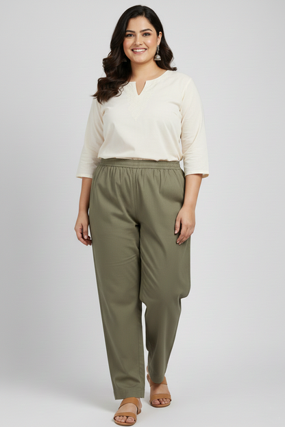 Olive Green Cotton Casual Trousers
