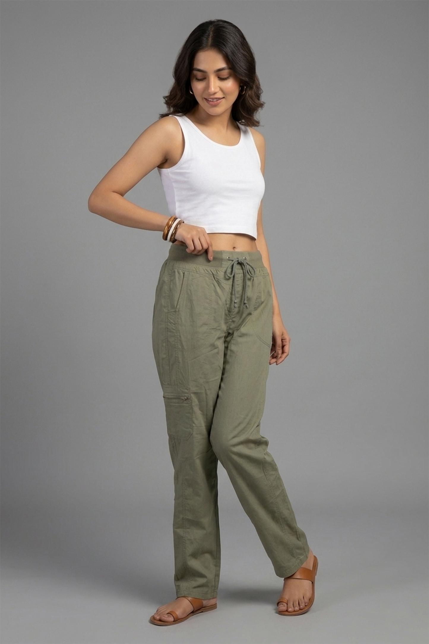 Women’s Utility Drawstring Cargo Trousers – Olive Green