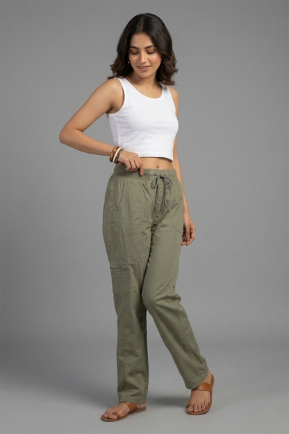Women’s Utility Drawstring Cargo Trousers – Olive Green