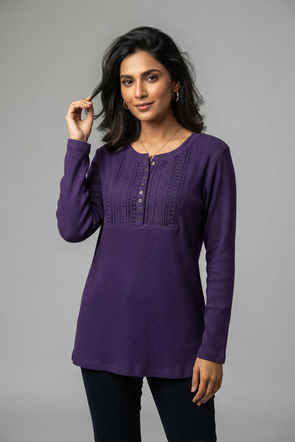 Rich Purple Ribbed Long-Sleeve Henley Top with Lace & Button Details