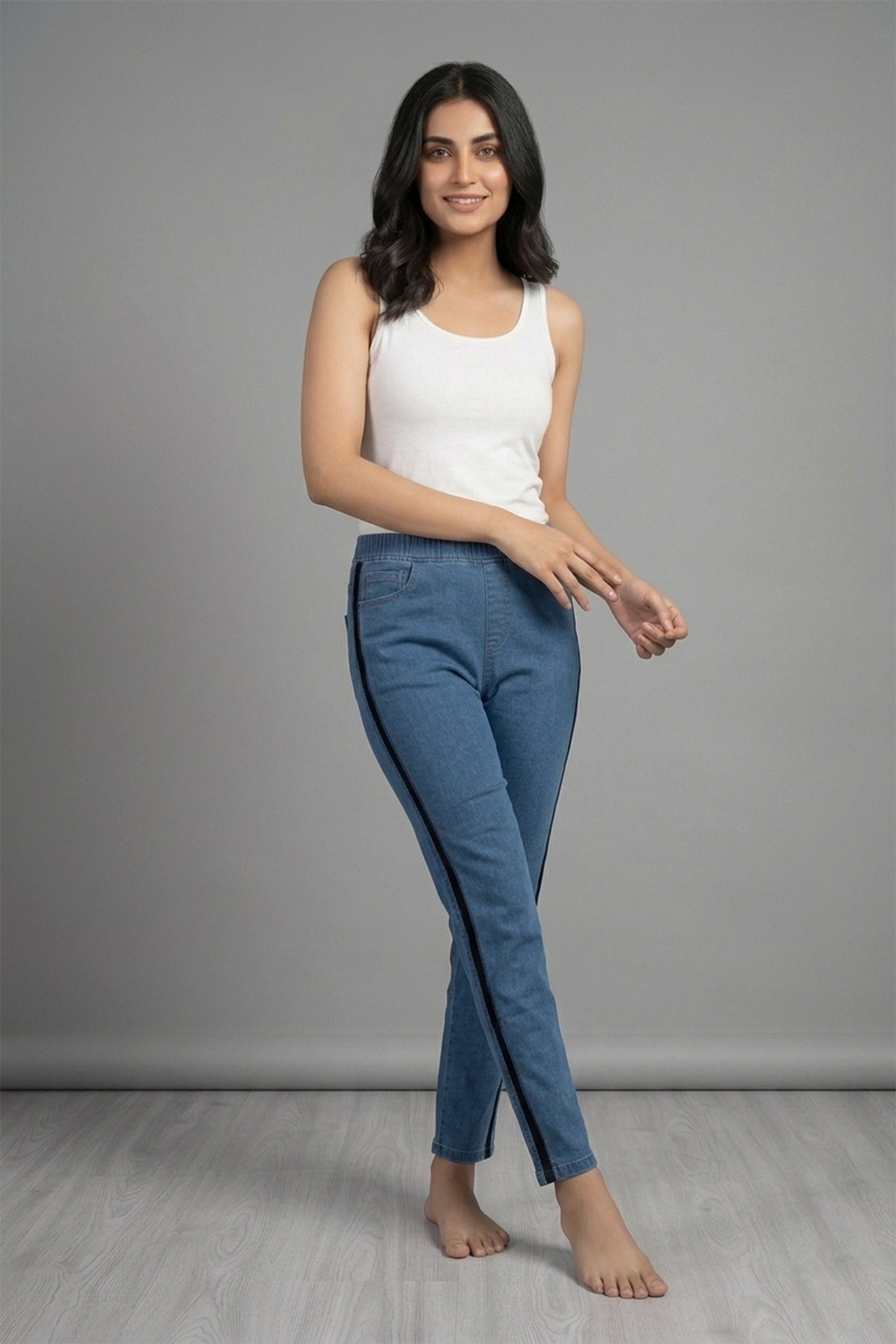 Side-Stripe Elastic Waist Comfort Denim Jeggings ( Minor Defect )
