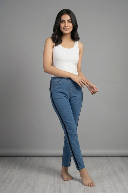 Side-Stripe Elastic Waist Comfort Denim Jeggings ( Minor Defect )