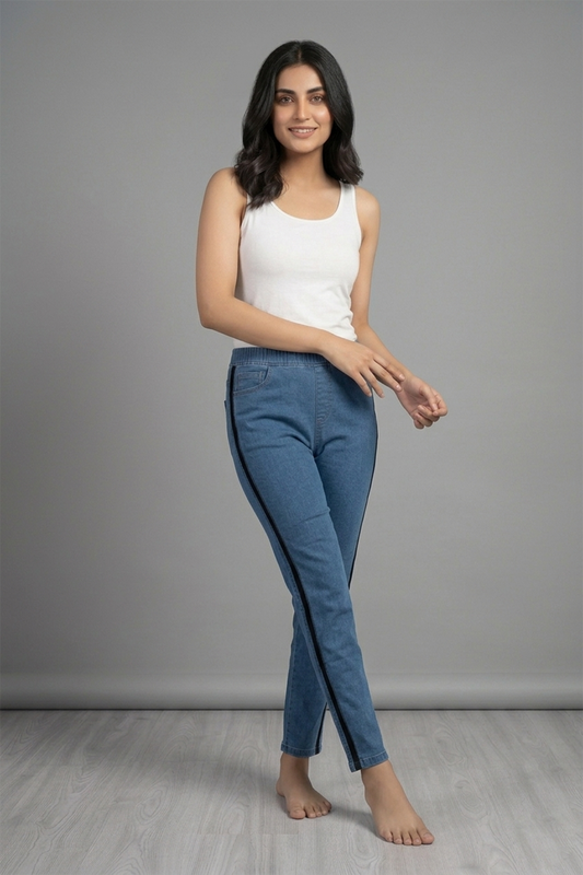 Side-Stripe Elastic Waist Comfort Denim Jeggings ( Minor Defect )