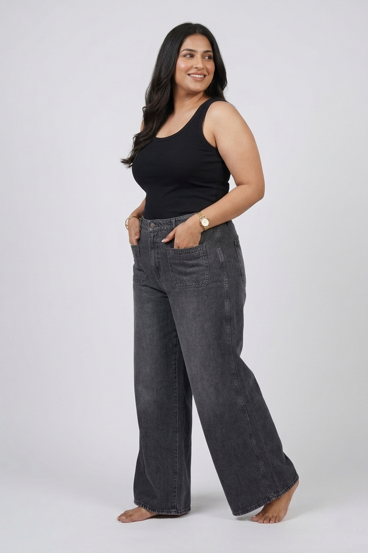 High-Rise Utility Wide-Leg Denim Jeans – Washed Charcoal