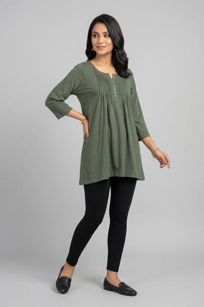 Olive Green Pleated Henley Tunic