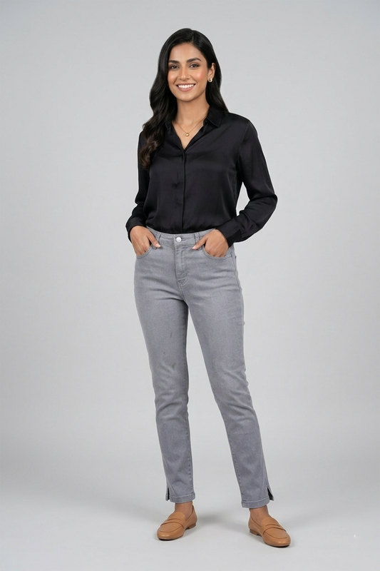 Grey Slim-Fit Stretch Denim Jeans with Side-Slit