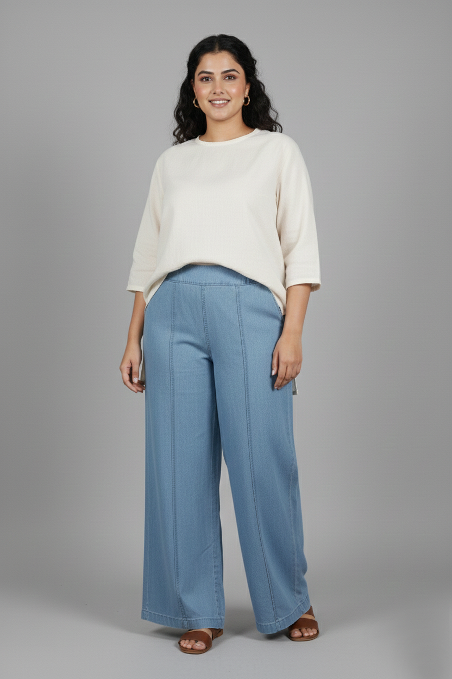 Women’s Mid-Blue Wide-Leg Pull-On Trousers