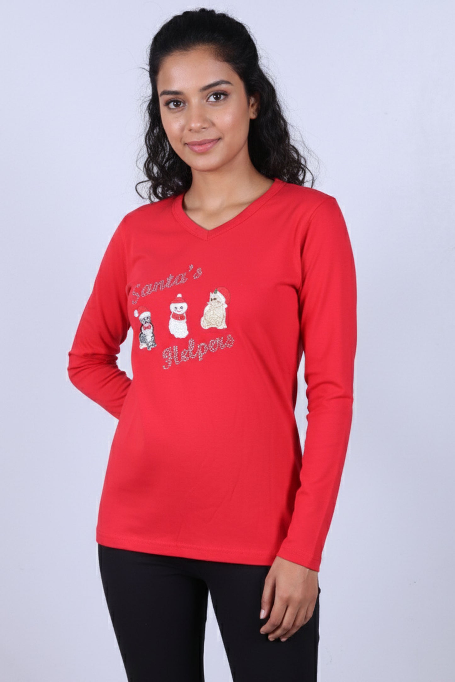 Women's Santa's Helpers Red Long-Sleeve V-Neck T-Shirt