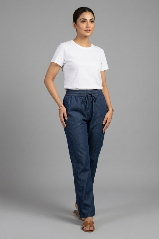 Women’s Relaxed Chambray Drawstring Pants – Lightweight Dark Wash Denim Style