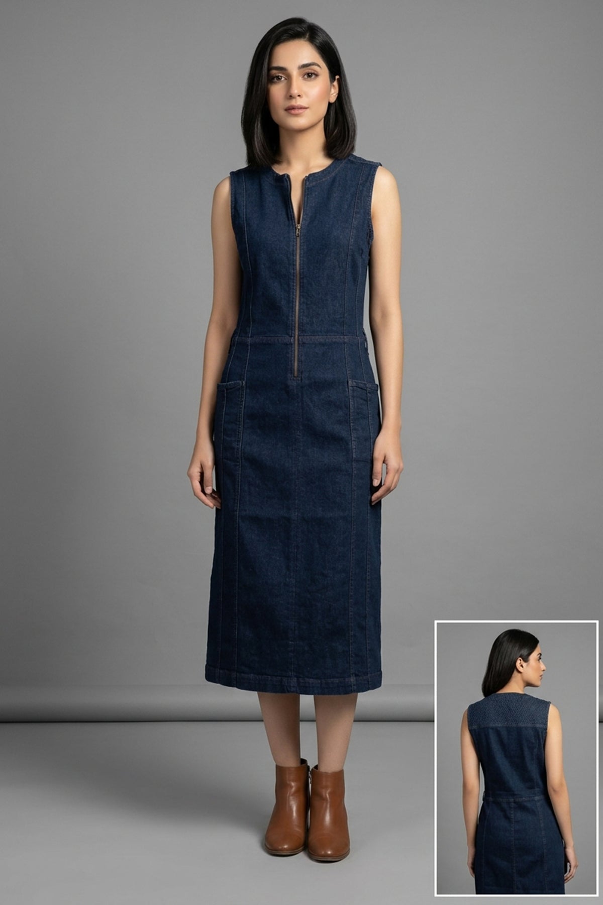 Sleeveless Front-Zip Denim Midi Dress