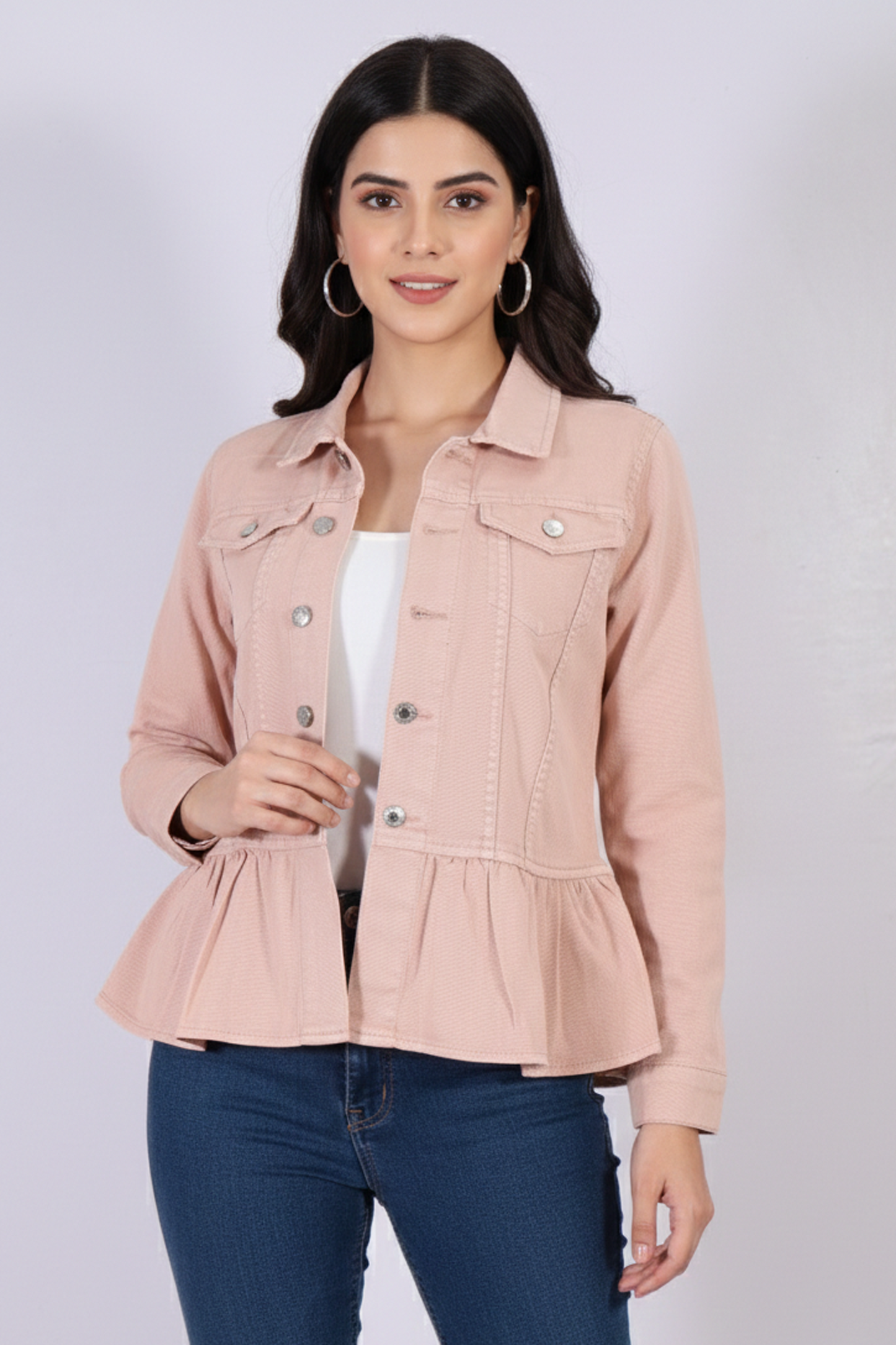 Women’s Peplum Denim Jacket in Blush Pink