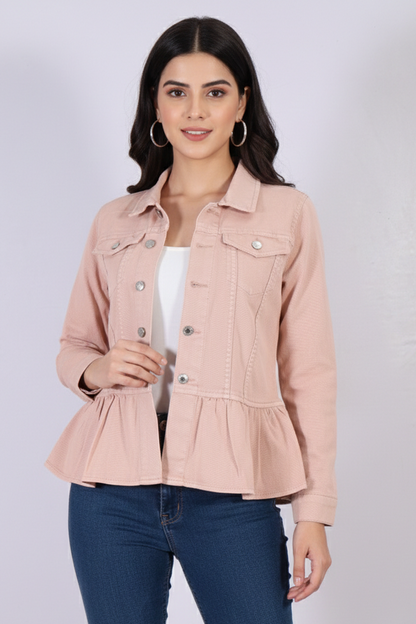 Women’s Peplum Denim Jacket in Blush Pink