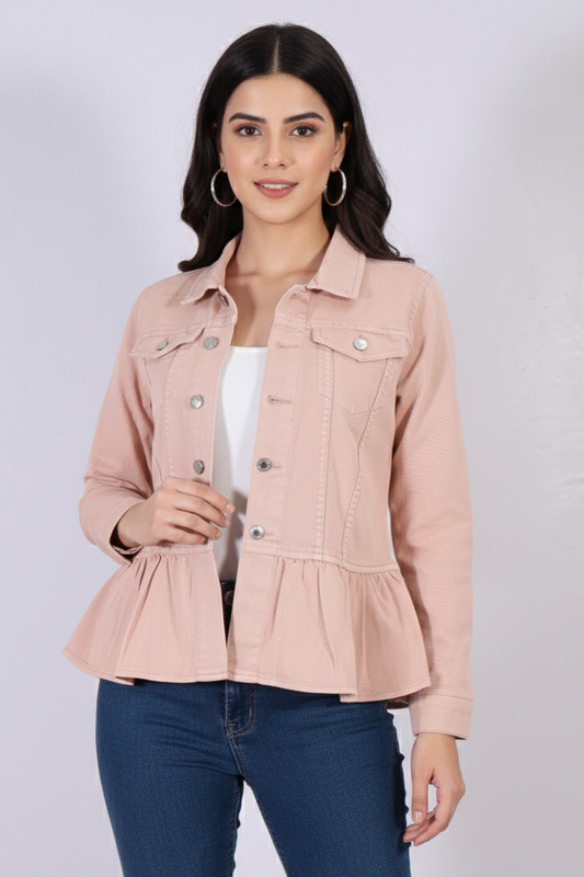 Women’s Peplum Denim Jacket in Blush Pink