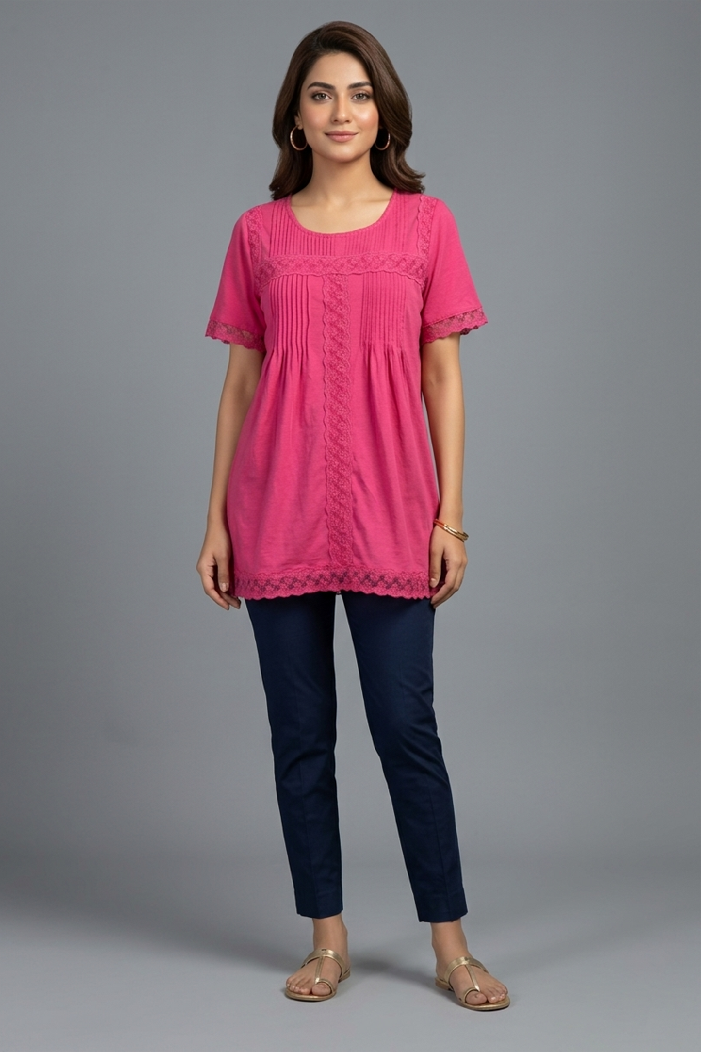 Vibrant Fuchsia Lace-Trim Jersey Tunic