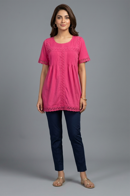 Vibrant Fuchsia Lace-Trim Jersey Tunic