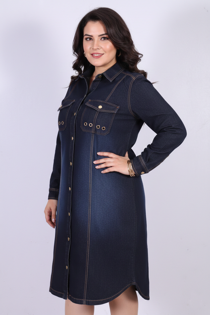 Dark Blue Long-Sleeve Denim Shirt Dress