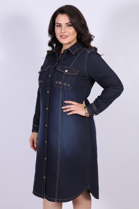 Dark Blue Long-Sleeve Denim Shirt Dress