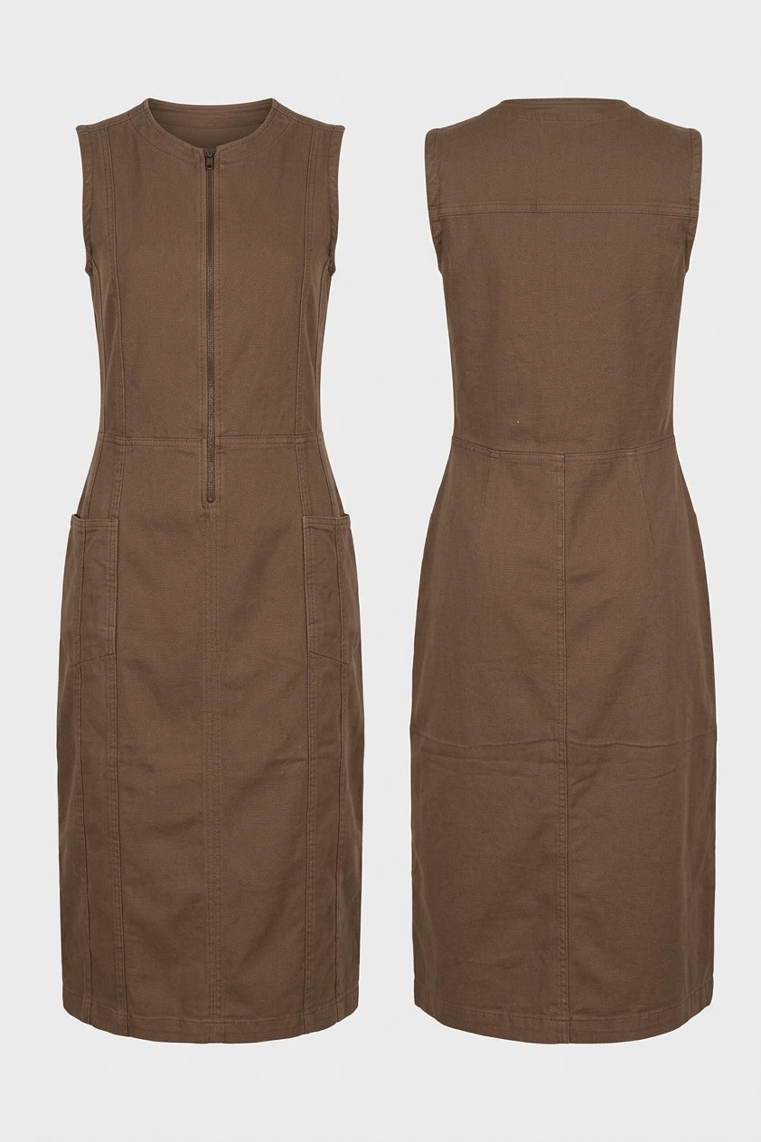 Sleeveless Front-Zip Utility Midi Dress – Olive Brown