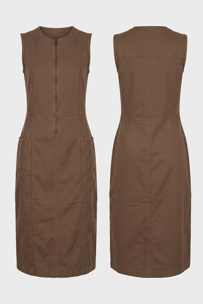 Sleeveless Front-Zip Utility Midi Dress – Olive Brown