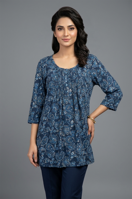 Indigo Paisley Pleated Tunic