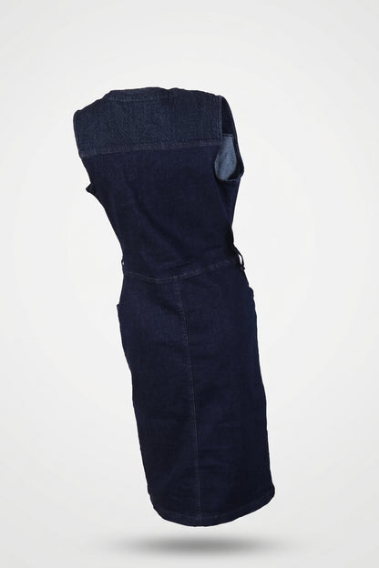 Sleeveless Front-Zip Denim Midi Dress