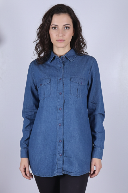 Women's Long-Sleeve Denim Tunic Shirt - Dark Indigo Wash