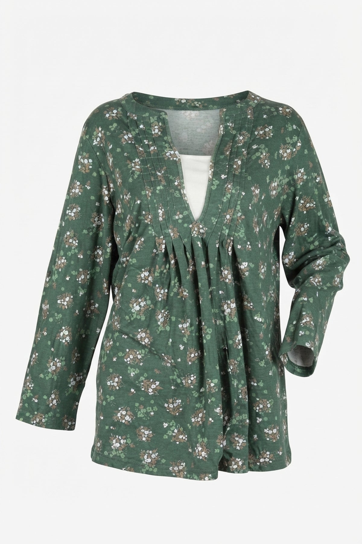 Floral Print Pleated V-Neck Tunic Top