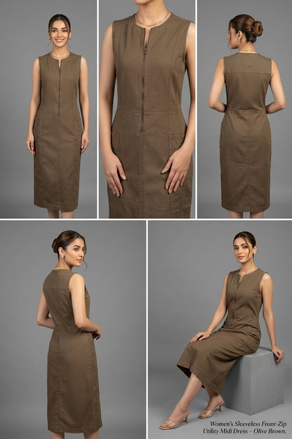Sleeveless Front-Zip Utility Midi Dress – Olive Brown