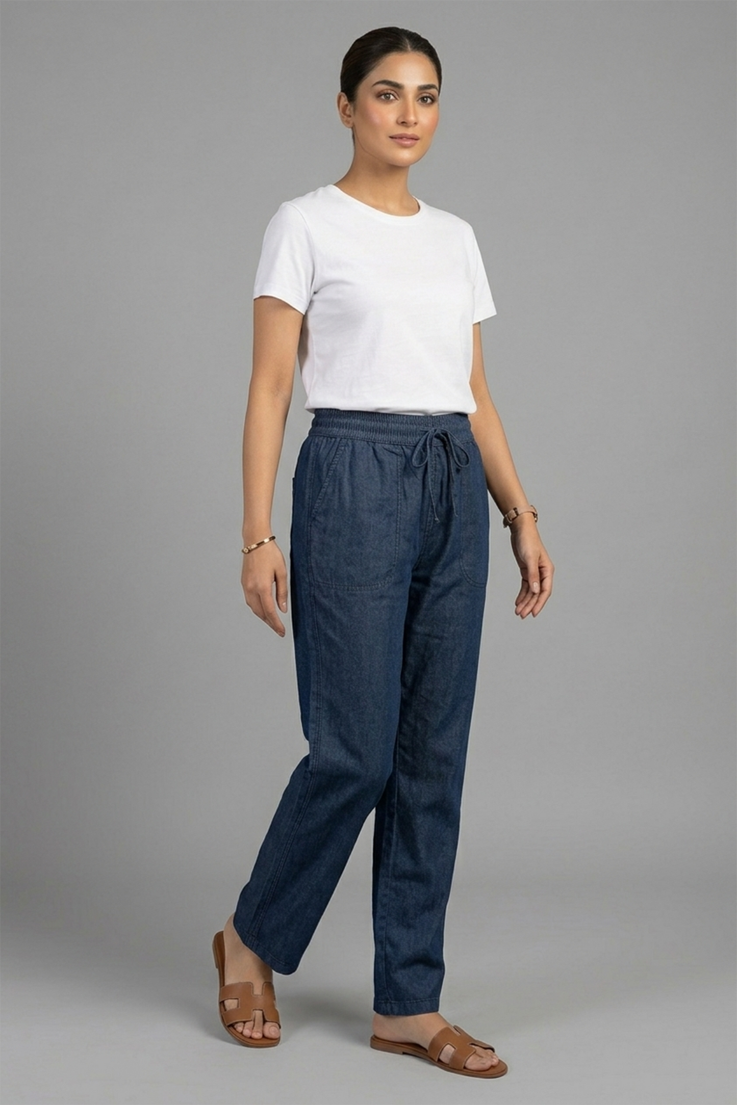 Women’s Relaxed Chambray Drawstring Pants – Lightweight Dark Wash Denim Style