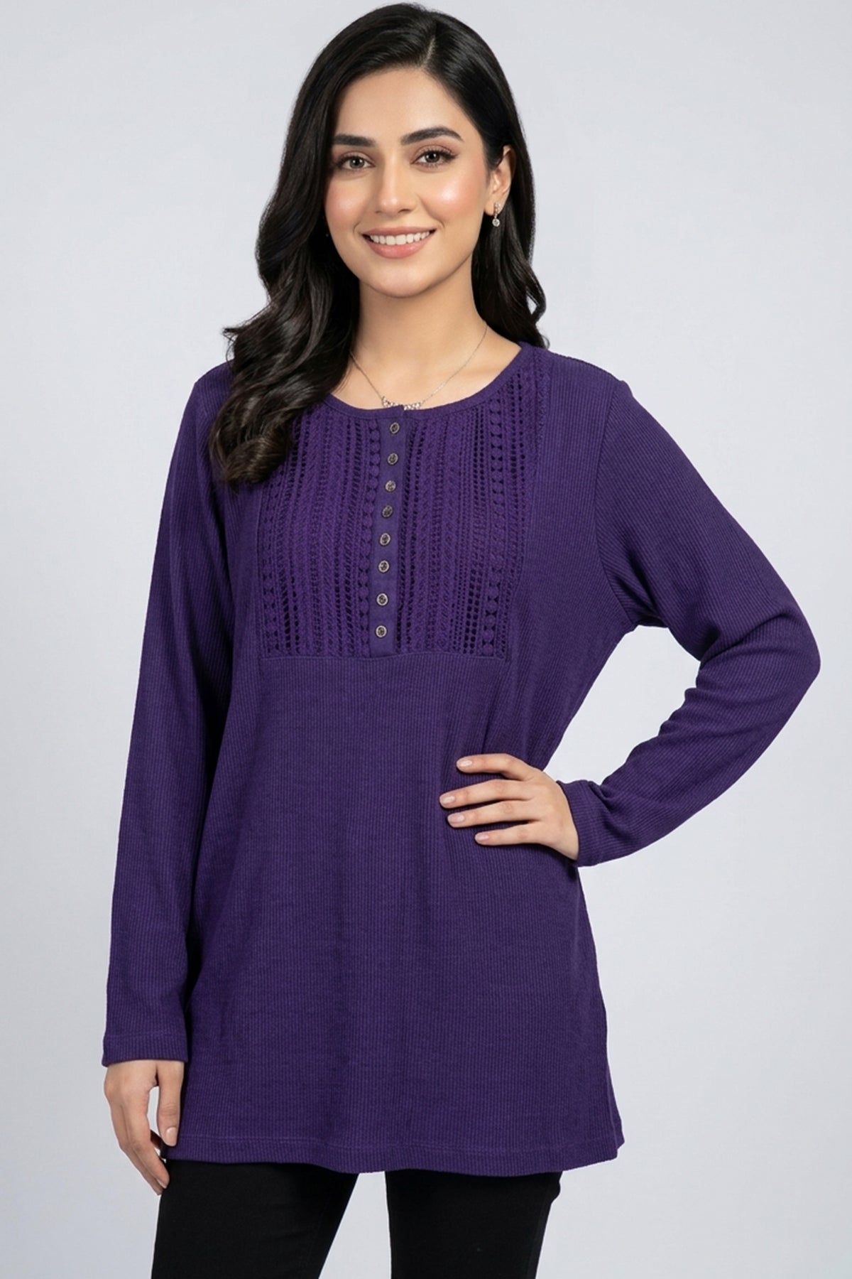 Relaxed Fit Purple Rib-Knit Henley Top with Lace Detail