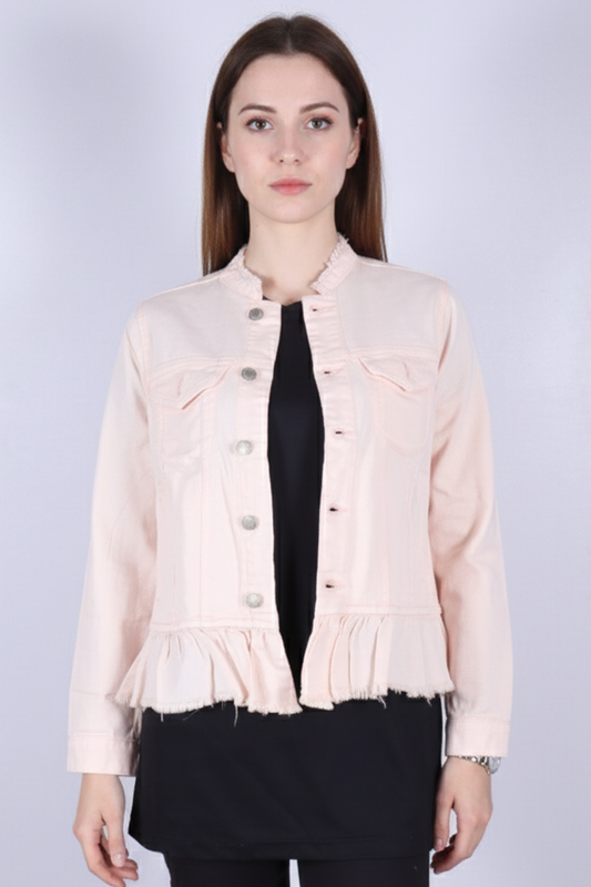 Pink Ruffle Hem Denim Jacket
