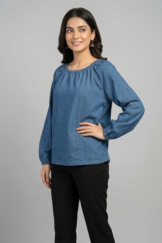 Elasticated Neck Denim Top