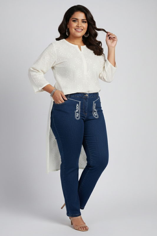 Embroidered High Rise Straight Leg Jeans