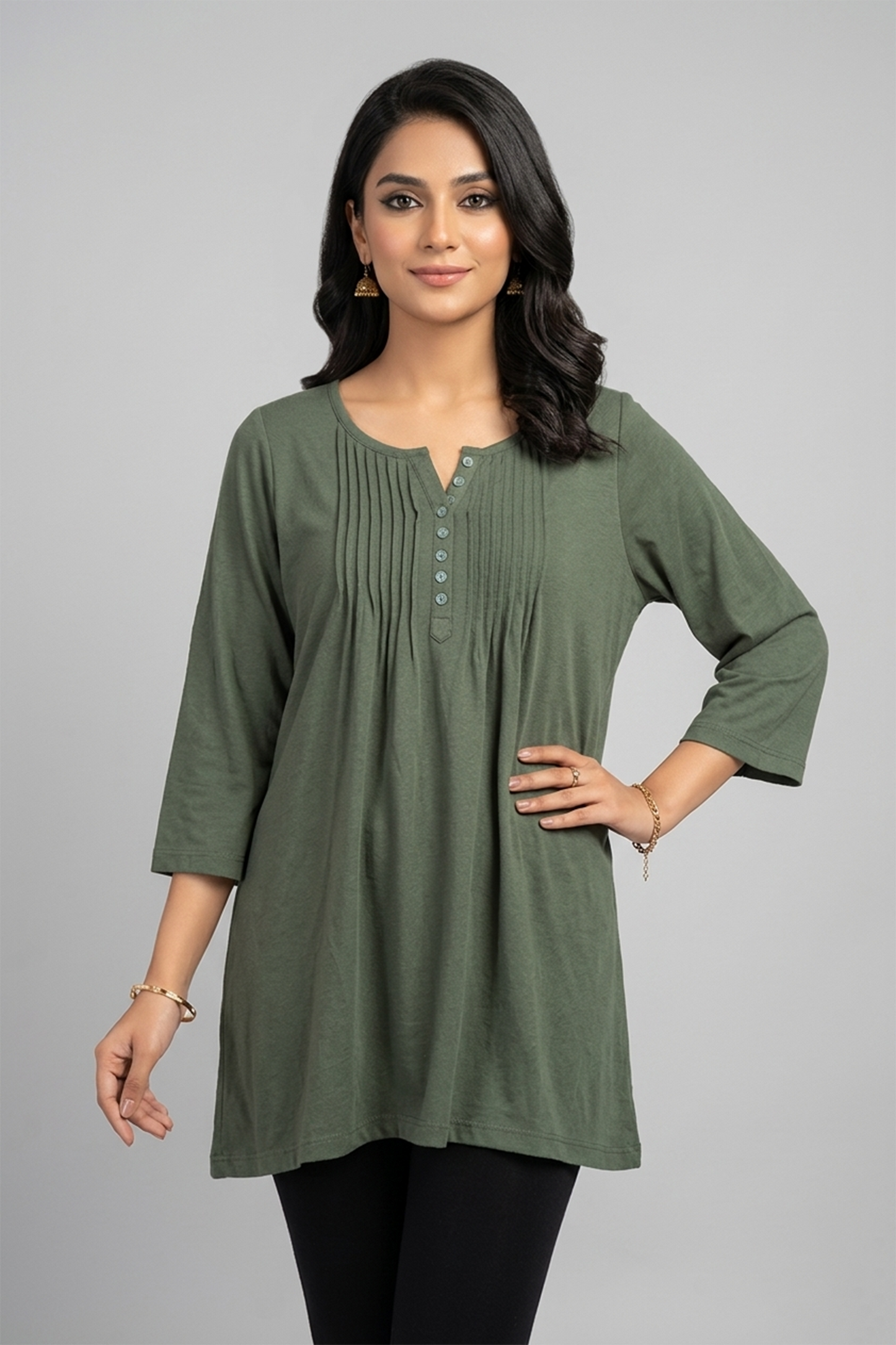 Olive Green Pleated Henley Tunic