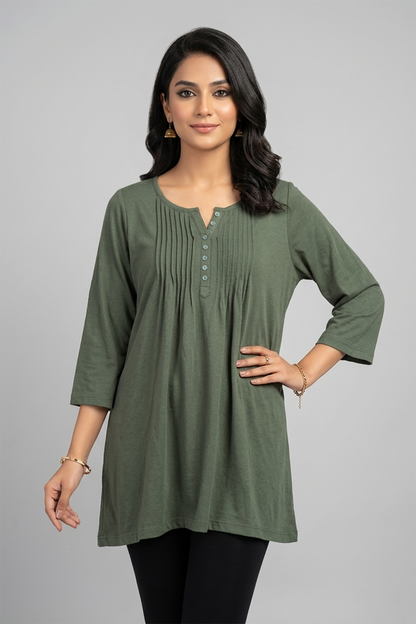 Olive Green Pleated Henley Tunic