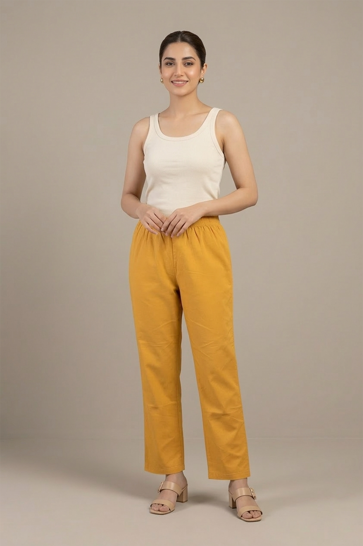 Mustard Yellow Cotton Straight-Leg Trousers