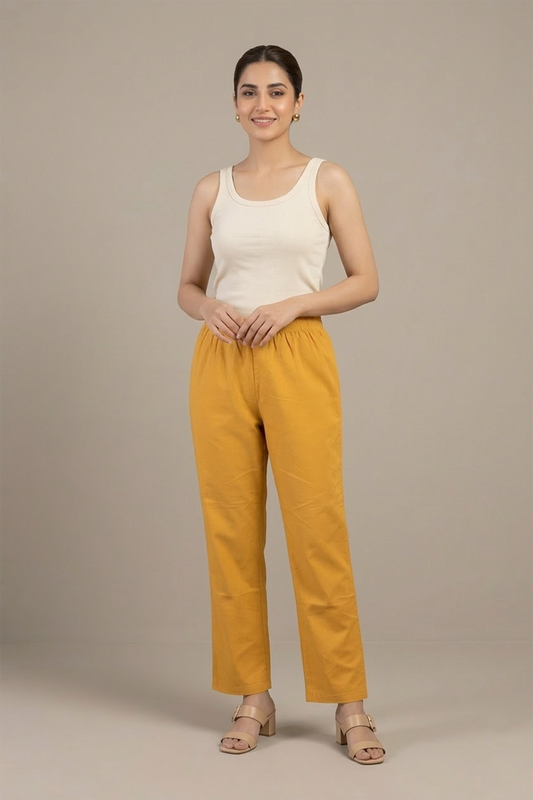 Mustard Yellow Cotton Straight-Leg Trousers