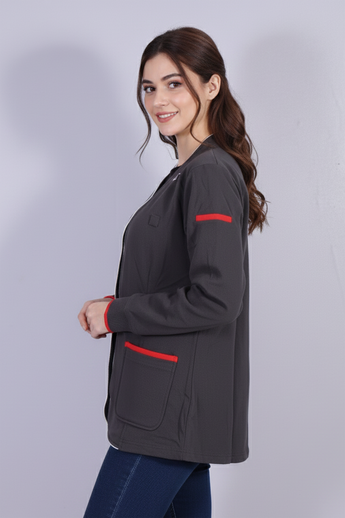 Urban Grey Zip-Up Jacket with Red Contrast Accents