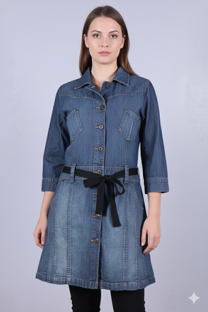 Women's Mid-Wash Denim Tunic Jacket with Black Tie-Belt