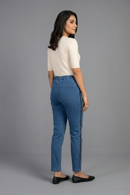 Side-Stripe Elastic Waist Comfort Denim Jeggings ( Minor Defect )